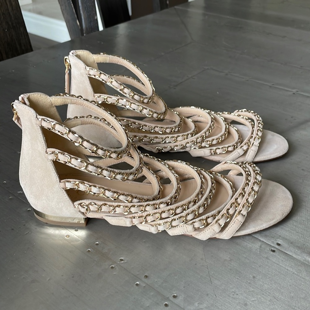 Chanel kid suede beige flat chain gold sandal RARE sz 38 $1750